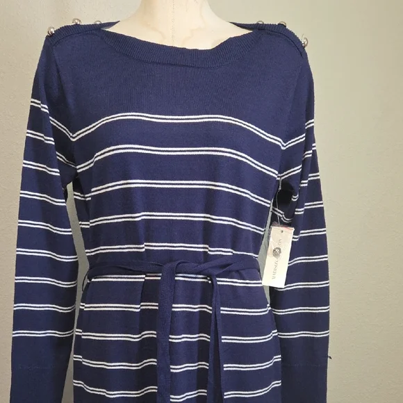 Elegant Navy Striped Long Sleeve Dress - Picture 5 of 6